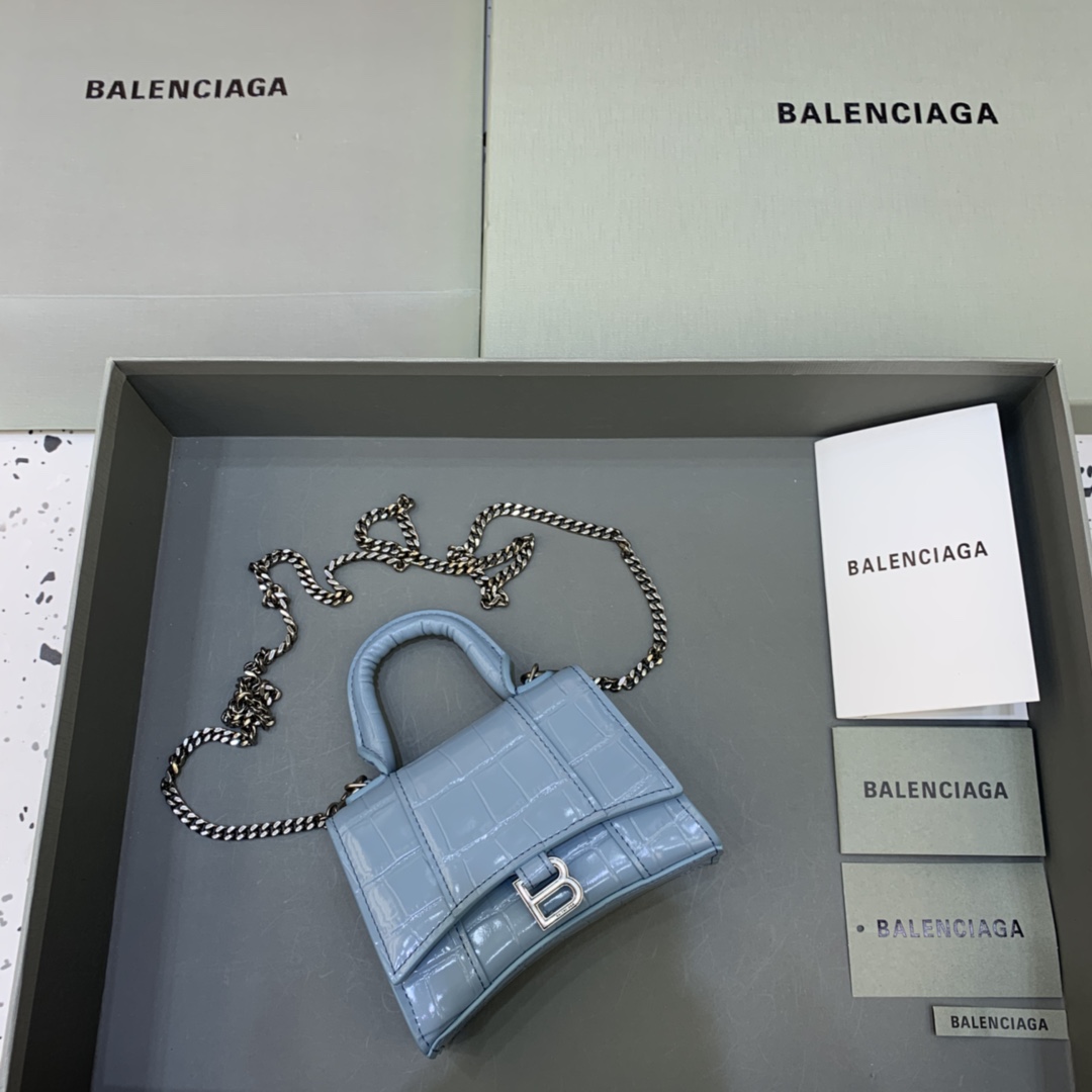 Balenciaga Hourglass Mini Handbag With Chain Crocodile Embossed Shoulder Bag Light blue